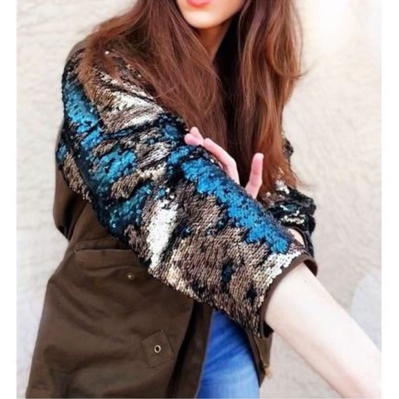 Zara Color-Changing Sequin Sleeve Parka Olive Green Utility Jacket Shiny Size S - Picture 14 of 15